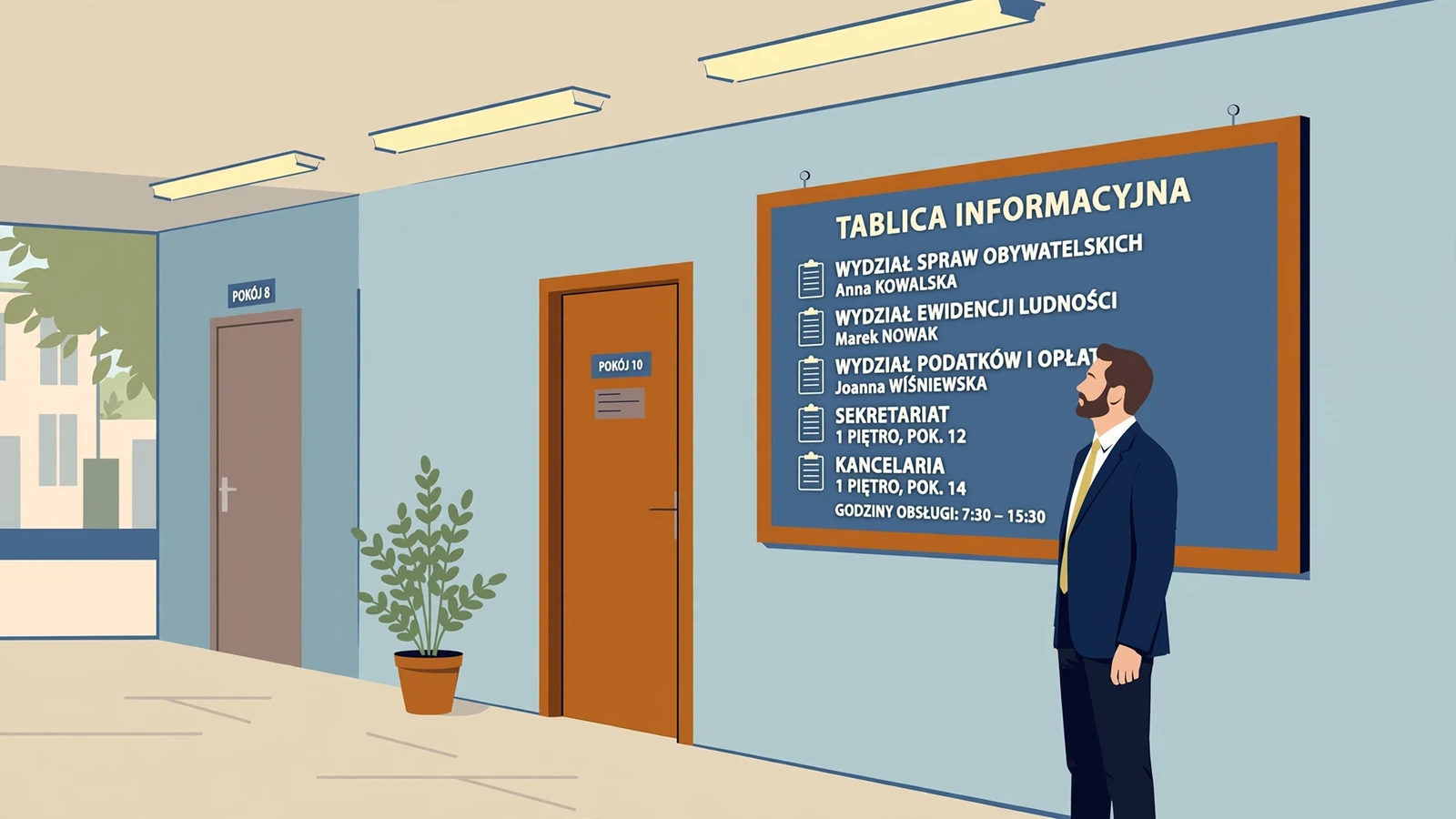 Tablica informacyjna w korytarzu polskiego urzędu administracji